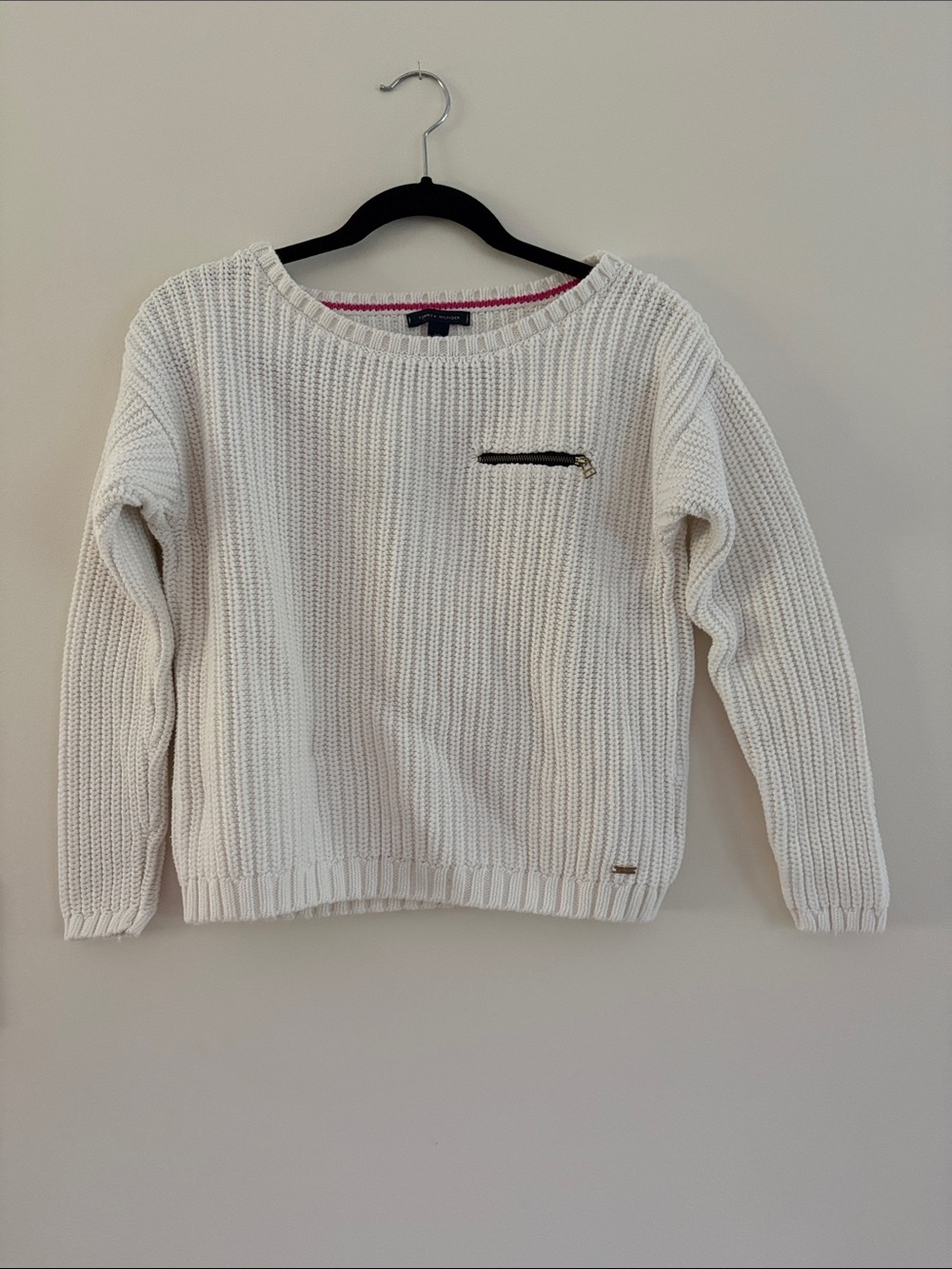 Tommy Hilfiger Cream Knit Crew Sweater with Zip Detail
